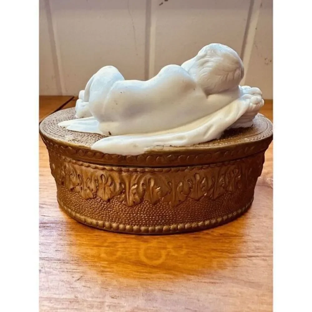 Vintage Sleeping Cherub On Fruit Basket Blanket Porcelain‎ Trinket Jewelry Box